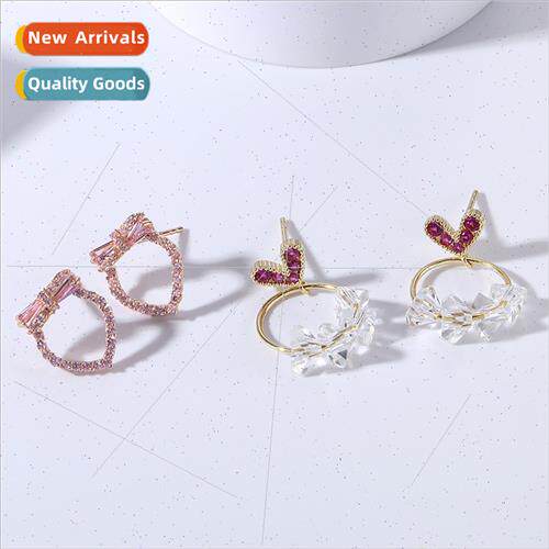 s925 silver zirconium hollowed out pink earrings women geome