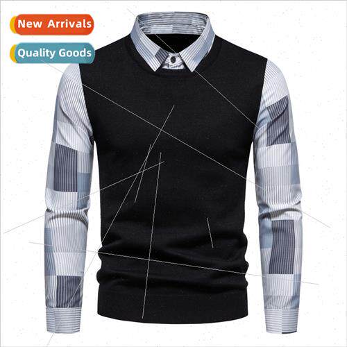 2023 fall new men shirt collar casual fake twoPCS kn sweater