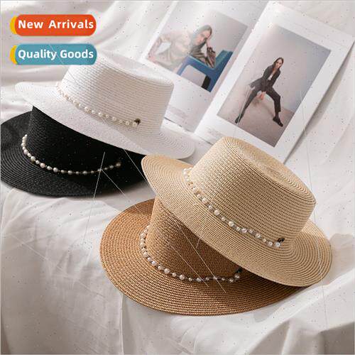 Japan women flat top straw hat temperament  pearl chain soli