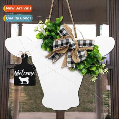Farmhouse Cow Head Door Wreath Buffalo Plaid Bowknot Wooden