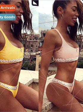 2 Color Solid Lace Floral + Zipper Bikini Swimsu i 2018A44