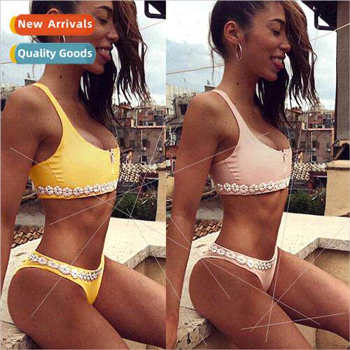 2 Color Solid Lace Floral + Zipper Bikini Swimsu i 2018A44