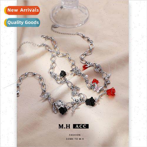 Oil drip butterfly rose flower collarbone chain female rusti