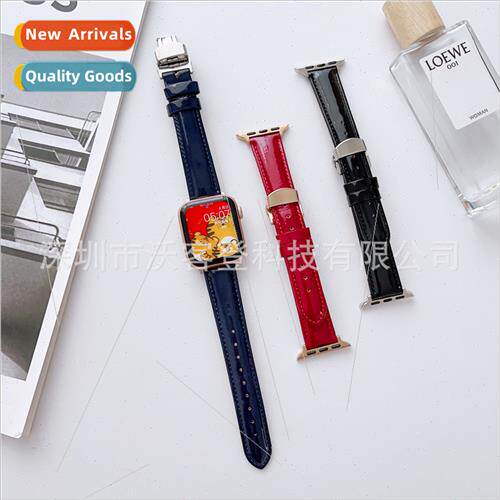 适用Apple lacquered shiny leather butterfly buckle watch bap