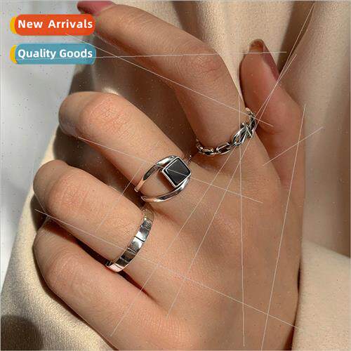 Geometric black square ring Korea high cold dark cool handso