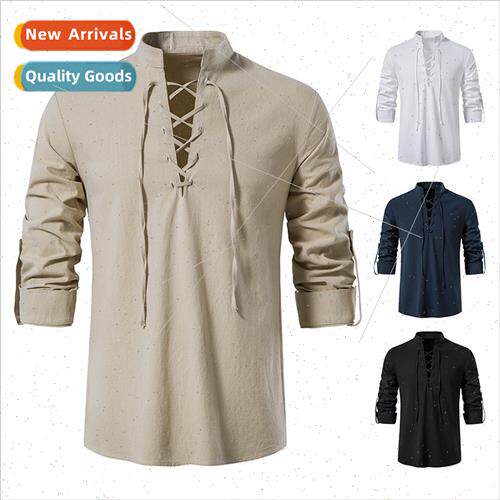 2022 Men V-Neck Tie Long Sleeve Henley Shirt Solid Color Cot