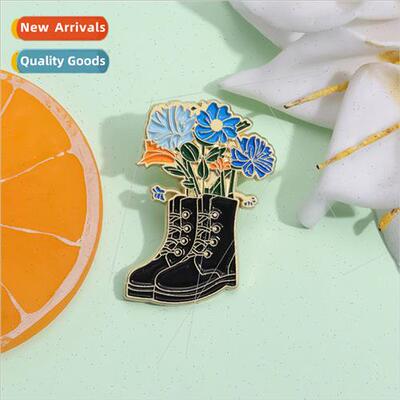 Cute black boots modeling brooch personalized blue flowers s