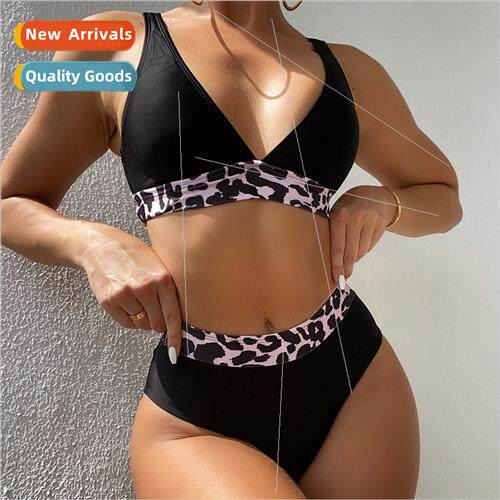2021Europe new black v-neck leopard print splicing high wais