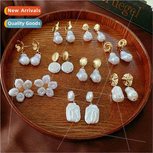 lver needle pleated pearl pentagram earrings wild metal earr