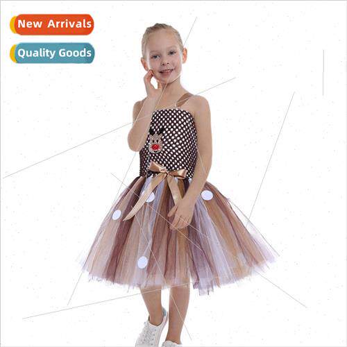 Europe Christmas cartoon moose mesh dress new gold deer tutu