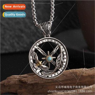 Downsam feather eagle compass necklace men tide wisp hollow