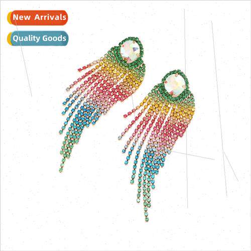 Korea fashion long gradient color diamond tassel earrings ex