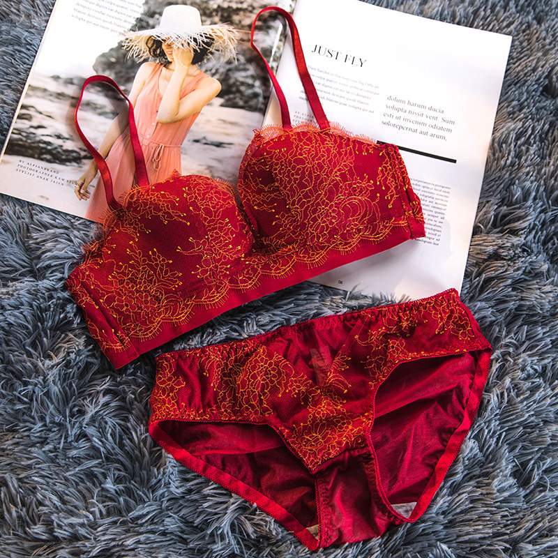 红色内衣内裤套装女半杯聚拢小胸加厚薄款2025新款爆款本命年文胸