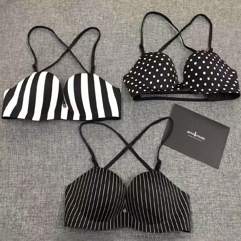 交叉带美背内衣女2025新款爆款小胸聚拢性感纯欲风波点条纹文胸罩