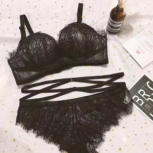 黑色睫毛蕾丝内衣女小胸聚拢文胸罩性感纯欲风加厚超厚不空杯套装
