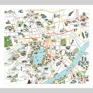 杭州旅游地图卡通西湖Q版电子版设计素材文件