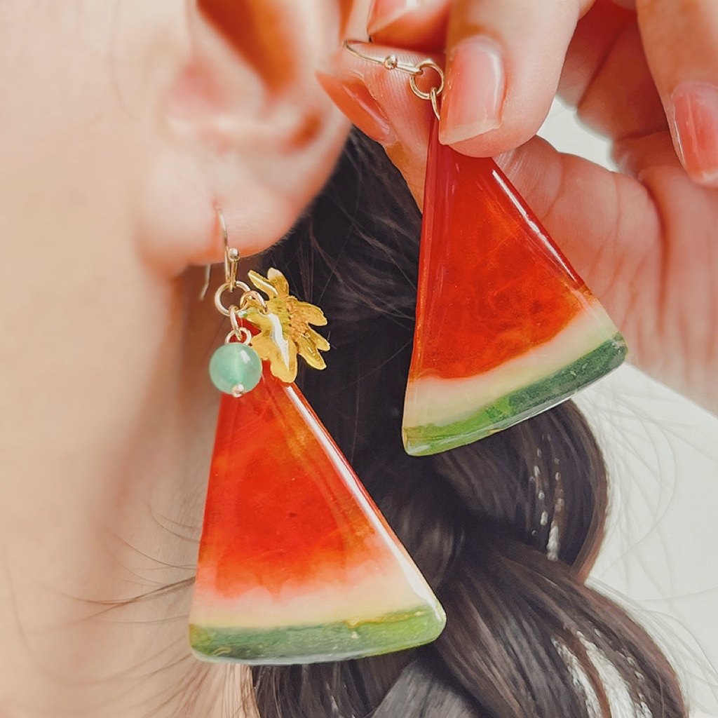 天然西瓜耳环 lea手工制作uv胶永生花大耳夹清凉夏天感甜美长耳饰