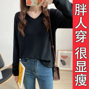 大码 秋季 女韩版 针织衫 胖mm显瘦遮肉内搭打底毛衣上衣 v领纯色长袖