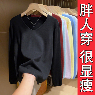 外穿胖mm宽松遮肚毛衣外穿上衣 女韩版 大码 黑色v领打底内搭针织衫
