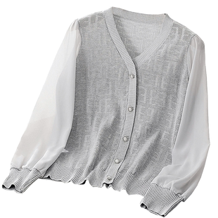 大码雪纺袖拼接针织衫女春秋新款假开衫镂空冰丝薄款V领上衣胖mm