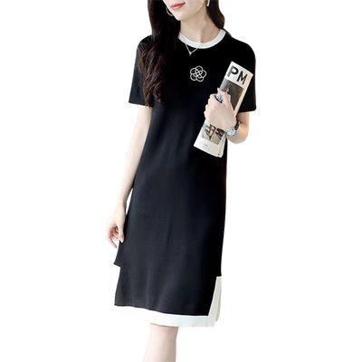 大码胖mm冰丝针织短袖梨形身材连衣裙女春夏薄款宽松孕妇长裙裙子