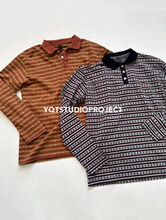 【YQTSTUDIO】自主美式复古vintage十字架印花条纹长袖POLO衫男女