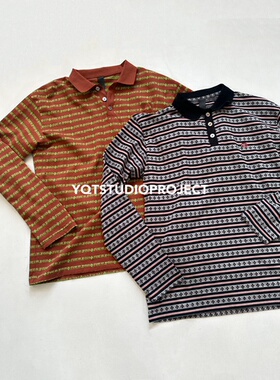 【YQTSTUDIO】自主美式复古vintage十字架印花条纹长袖POLO衫男女