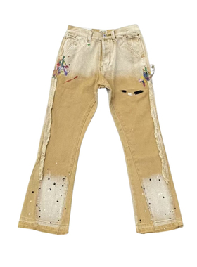 Yqtstudio自主美式复古vintage水洗做旧拼接泼墨微喇牛仔裤潮男女