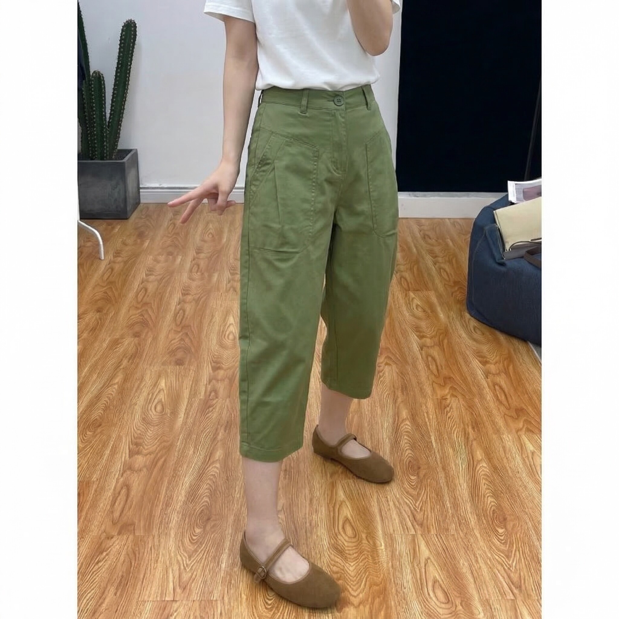 复古高腰显瘦阔腿绿色工装女裤