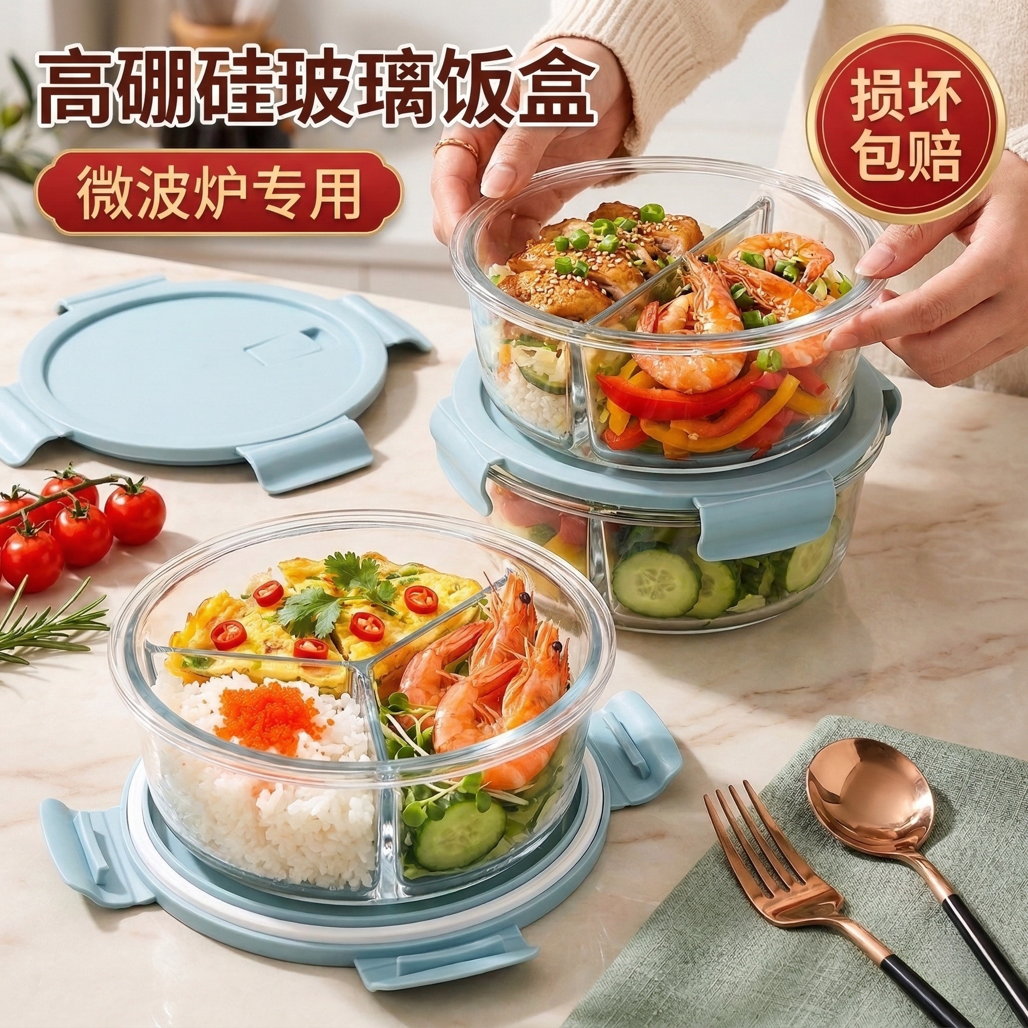 玻璃饭盒上班族可微波炉加热专用碗带饭餐盒套装分格保温便当汤盒