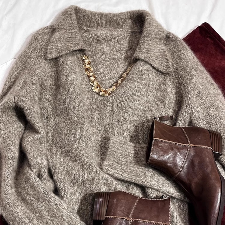 慵懒高级感亮片V领毛衣女冬季新款韩系加厚羊毛衫软糯套头针织衫