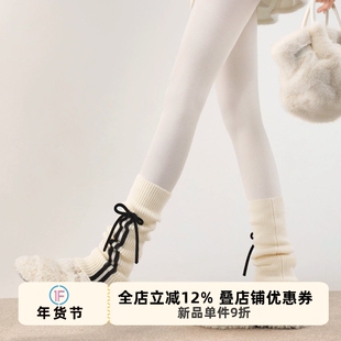 抵达一楼灰色竖条纹蝴蝶结堆堆袜套韩系芭蕾风加厚奶白针织腿套
