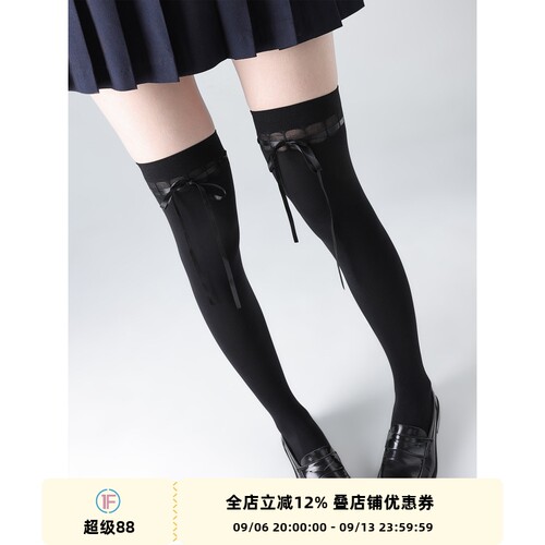 抵达一楼天鹅绒蝴蝶结绑带过膝袜