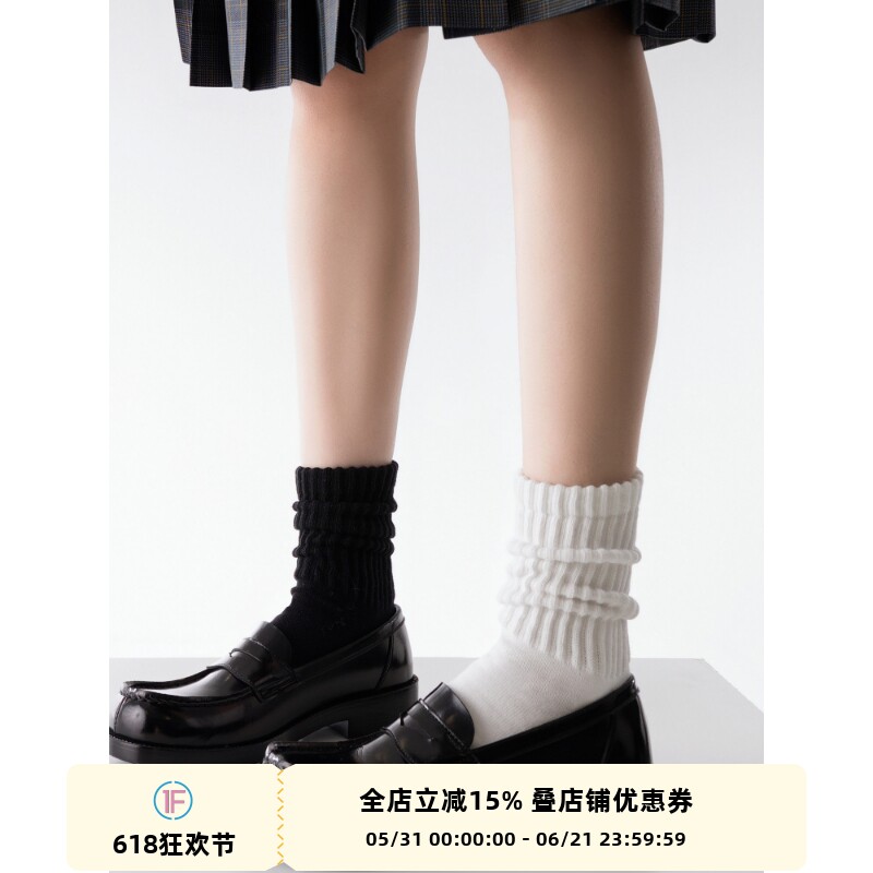 抵达一楼白色堆堆袜子女jk袜制服针织复古日系中筒袜简约纯色短袜