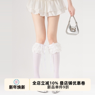 抵达一楼奶白蕾丝花边小腿袜天鹅绒日系doll感Lolita蝴蝶结中筒袜