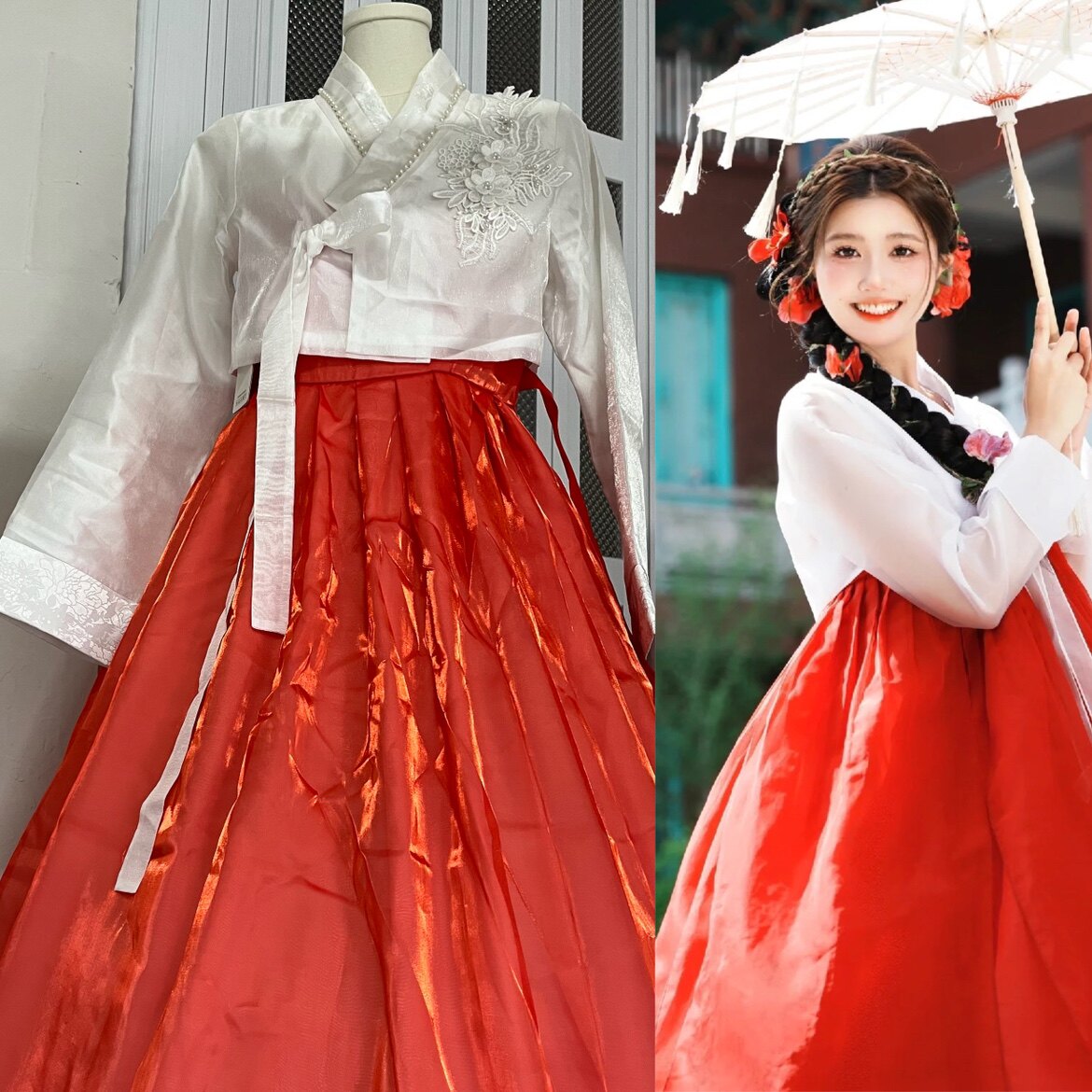 民族风服饰韩服旅拍朝鲜红色韩服