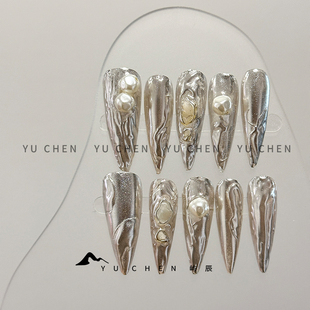 屿辰原创| 珠光宝气珍珠新款高级绝美轻奢中长款美甲穿戴甲手工