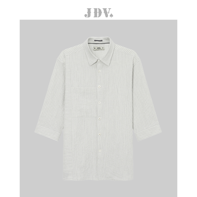 JDV灰色方领条纹休闲中袖衬衫