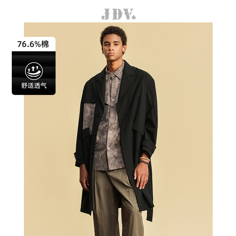 JDV春夏新品商场同款黑色棉质混纺风衣长款系带外套SCW4209