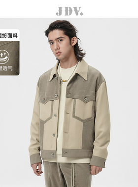 JDV商场同款春季新品咖啡色拼接翻领短款男士夹克休闲外套WJK3201