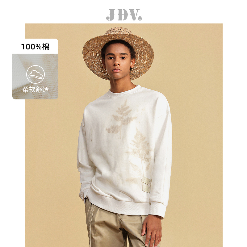 JDV男装商场同款2025早秋新款米色纯棉质卫衣印花休闲男士卫衣
