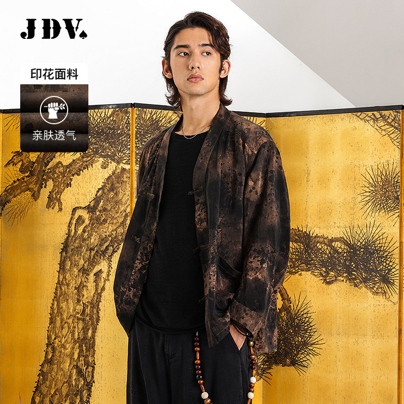 JDV男装商场同款春夏新款棕色男士印花衬衫新中式上衣