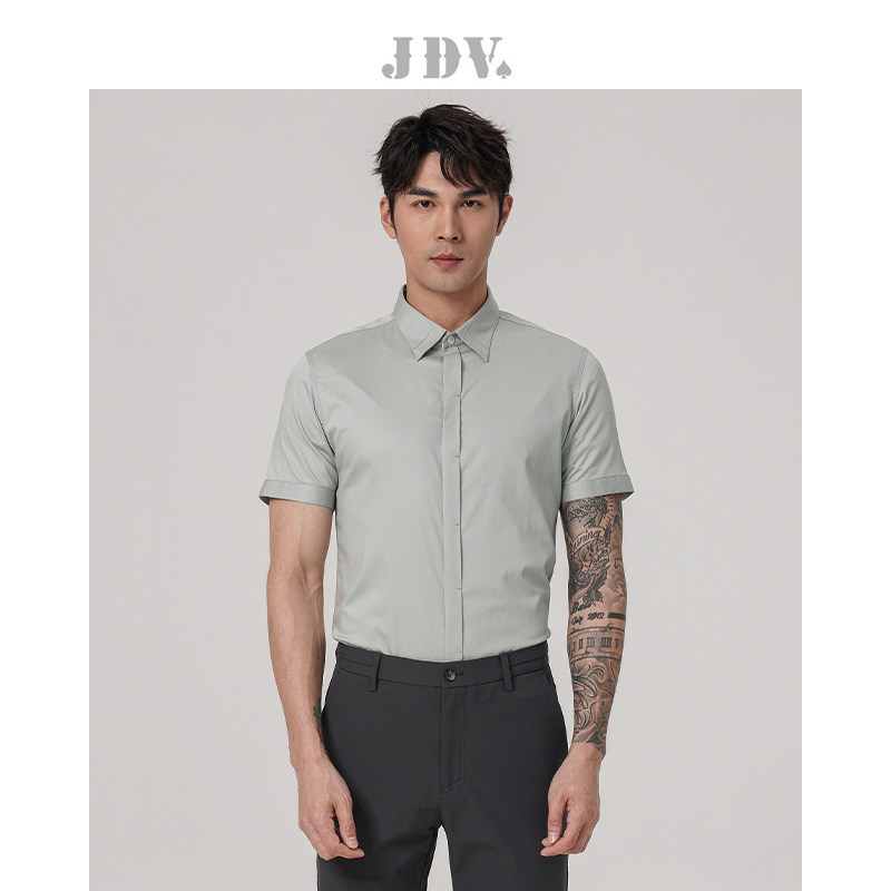 JDV奥莱旗舰店春夏折扣新品薄荷绿方领通勤短袖正装衬上衣衫男款