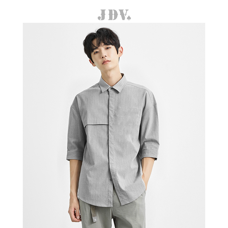 方领中袖潮jdv休闲衬衫男装夏季