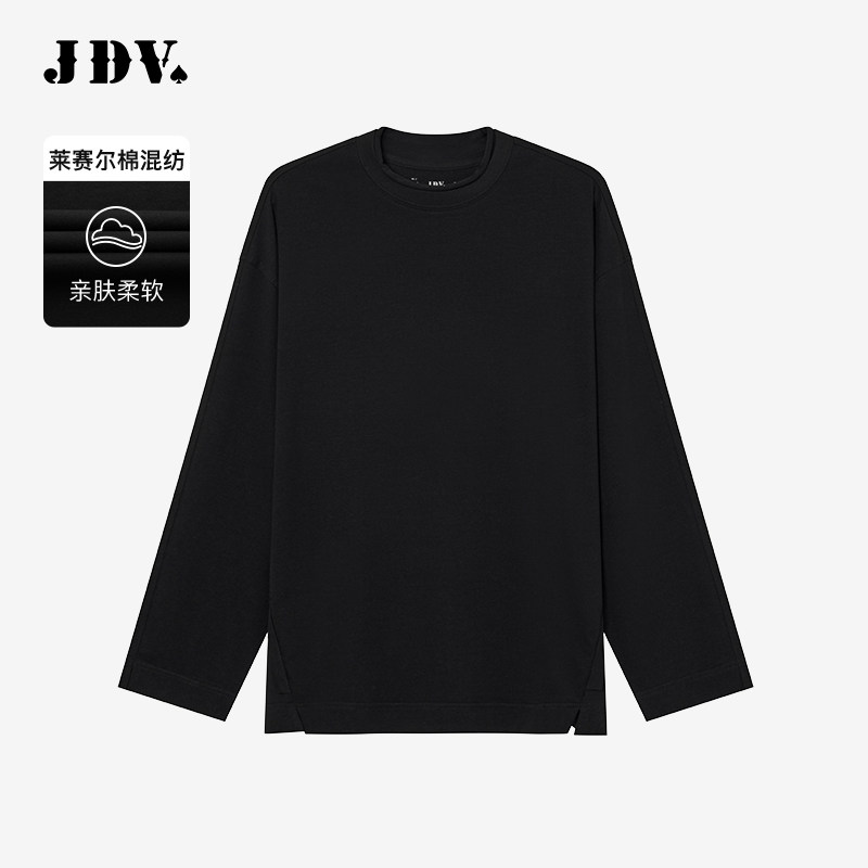 JDV奥莱旗舰店春秋折扣新品男装黑色莱赛尔微弹圆领长袖T恤男款
