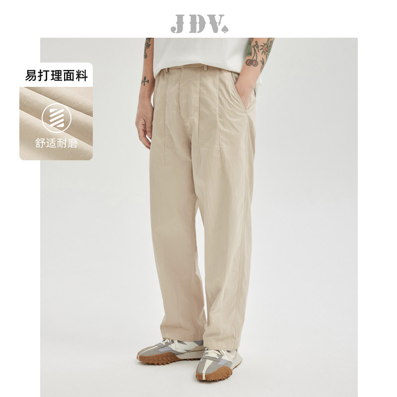 JDV男装季新款米色半松紧腰休闲裤基础款舒适简约百搭长裤,男装,休闲裤,淘宝优惠券,粉丝福利购,淘宝优惠卷