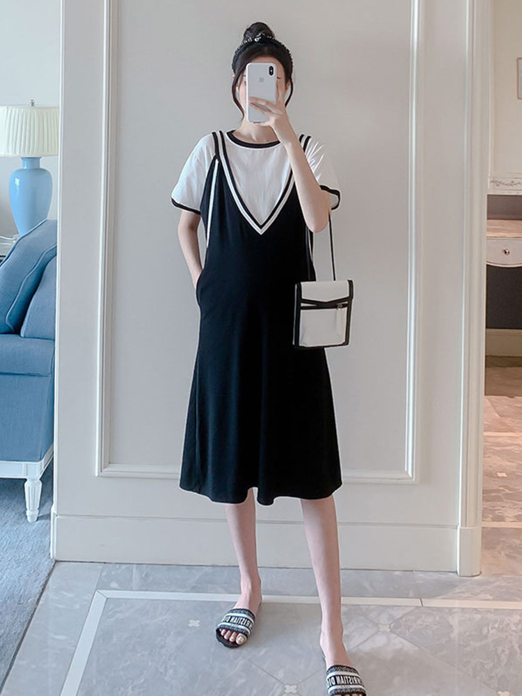 MATERNITY ATHLEISURE DRESS 2021 FASHION SUMMER NEW SHORT SLEEVE STRAP SKIRT TWO-PIECE SKIRT TIDE