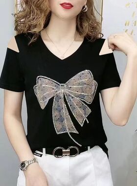 纯棉黑色露肩短袖t恤女v领正肩夏2026洋气体恤鸡心领显瘦上衣