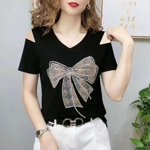 t恤女v领正肩夏2025洋气体恤鸡心领显瘦上衣 纯棉黑色露肩短袖