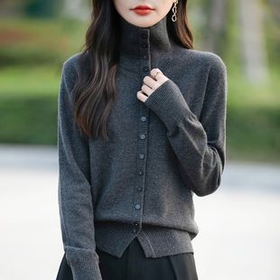 单排扣深灰色春秋冬立领针织开衫2025新款洋派短款毛衣上衣时尚